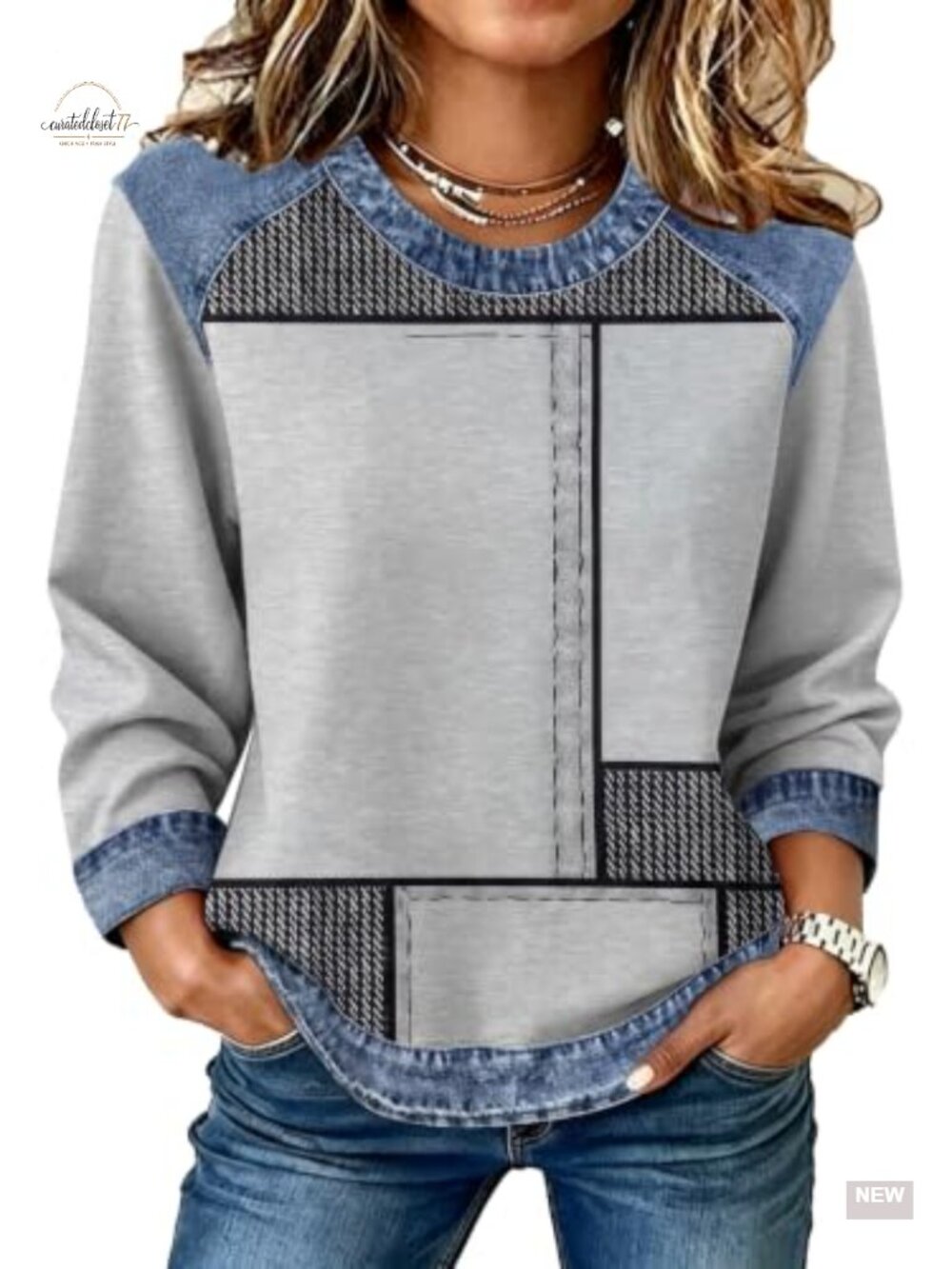 Womens Crewneck Sweatshirt Plaid Striped Denim Patchwork Pullover